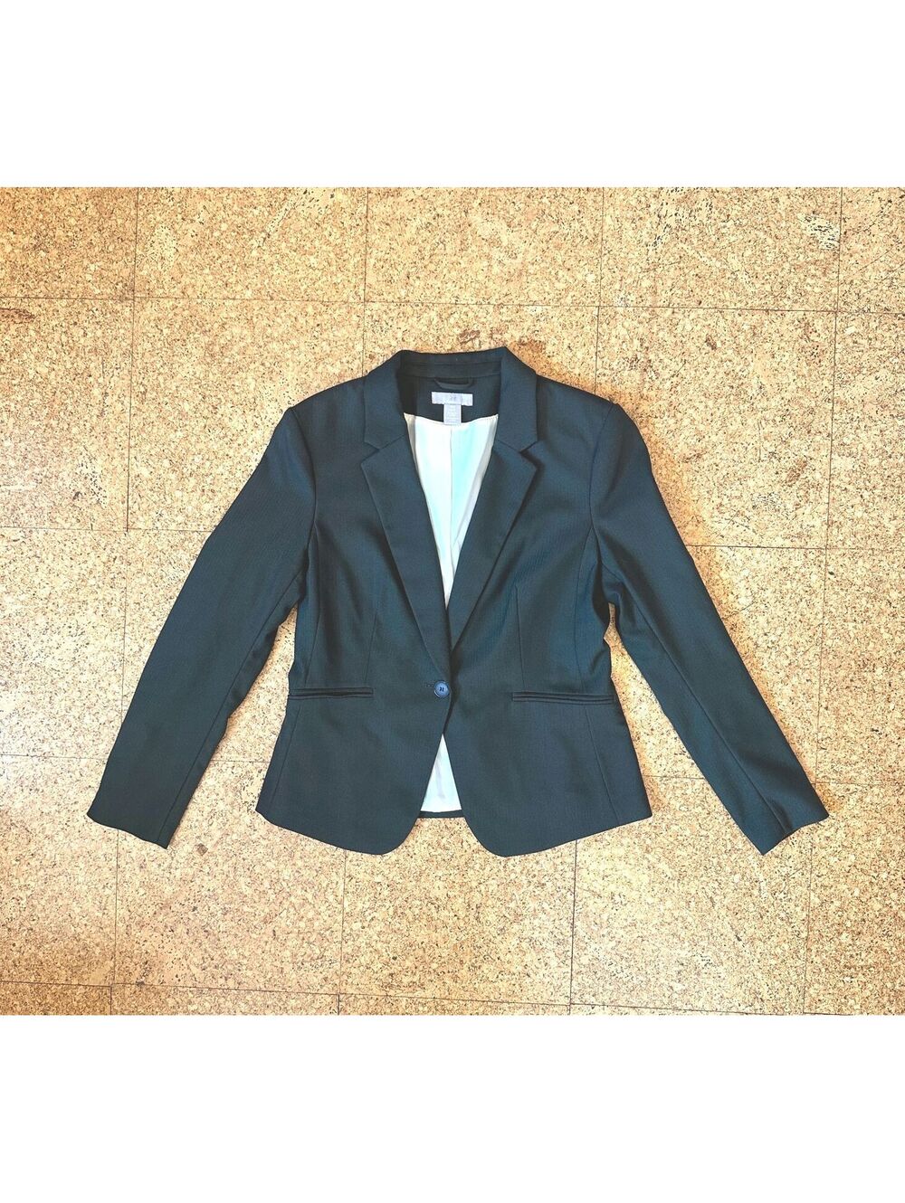 H&M Fitted Work Blazer MEDIUM Dark Green One Button Hip Length Lined Career